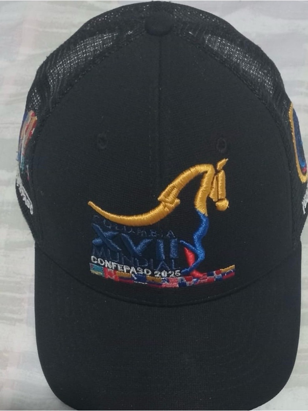 Black Embroidered Equestrian Logo Cap with Gold Accent